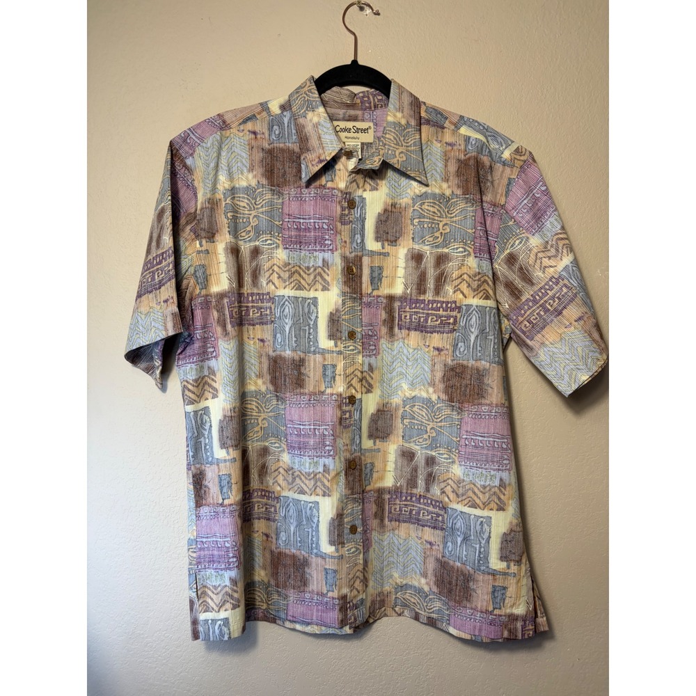 Cooke Street Honolulu Mens Large Cotton Abstract Tribal Patchwork Aloha Shirt L